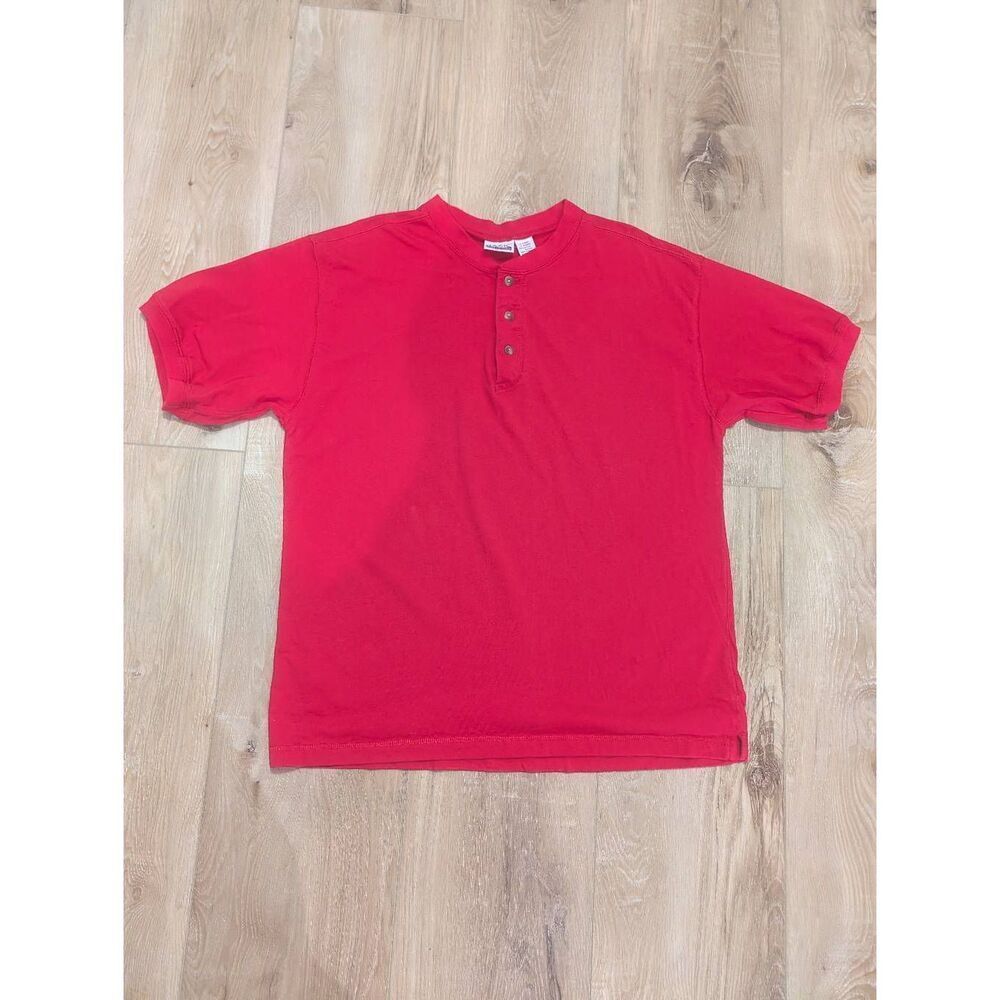 Basic Editions Short Sleeve 3 Button Henley Tee Men's XL Vintage Solid Red